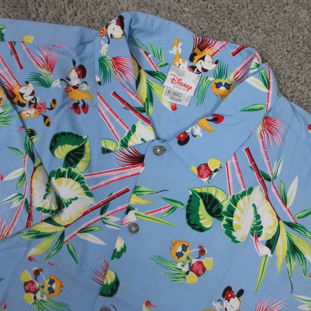 Vintage Disney Shirt Mens XL Blue Floral Mickey Minnie Mouse Rayon Hawaiian